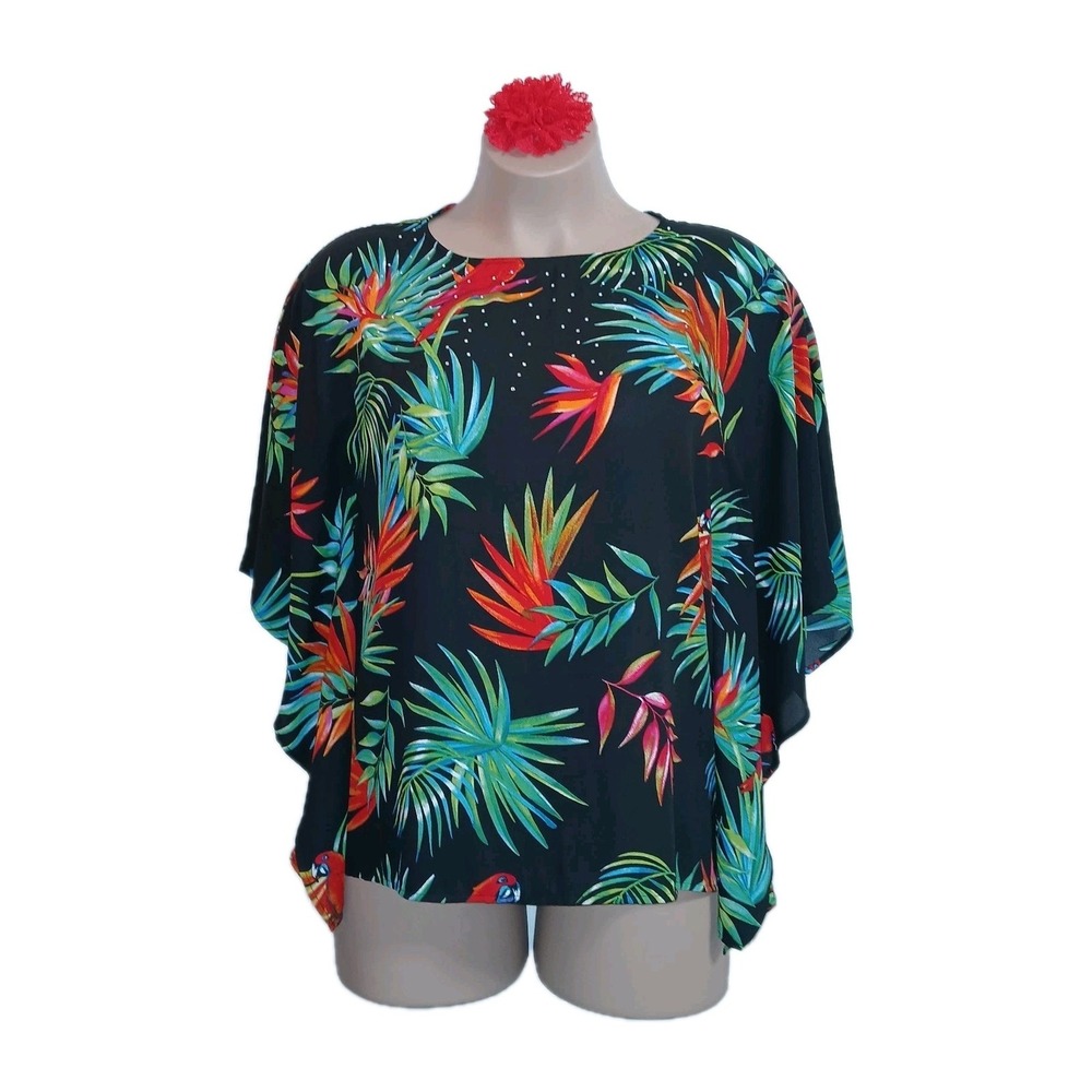 Quacker Factory Women Caftan Top S Black Parrot Resort Vacation Cruise Tropical